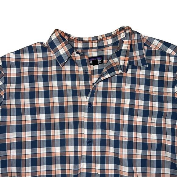 Patagonia Plaid Shirt Men's Size Large Blue Orange Short Sleeve Organic Cotton - Picture 3 of 7